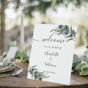 Wedding olive greenery leaf welcome pedestal sign