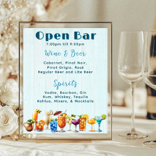Wedding Open Bar Cocktails List Blue Wood Poster