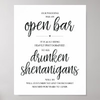 Wedding Open Bar, drunken shenanigans sign