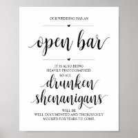 Wedding Open Bar, drunken shenanigans sign