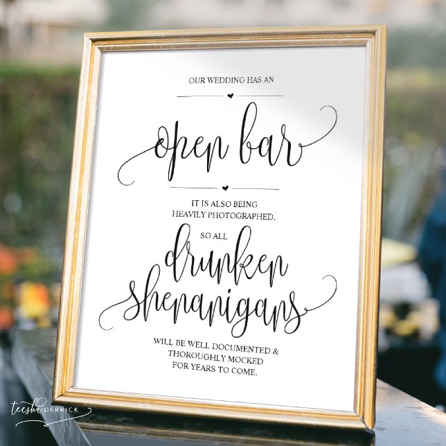Wedding Open Bar, drunken shenanigans sign (Wedding Open Bar, drunken shenanigans sign, Printed and Downloadable versions, Modern aesthetic)