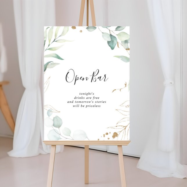 Wedding Open Bar Gold Eucalyptus Calligraphy Sign (Creator Uploaded)