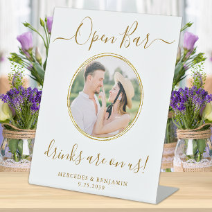 Wedding Open Bar Personalised Elegant Gold Photo Pedestal Sign