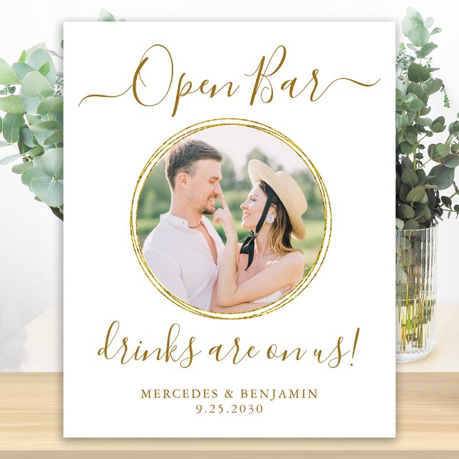 Wedding Open Bar Personalised Elegant Gold Photo Poster (Creator Uploaded)