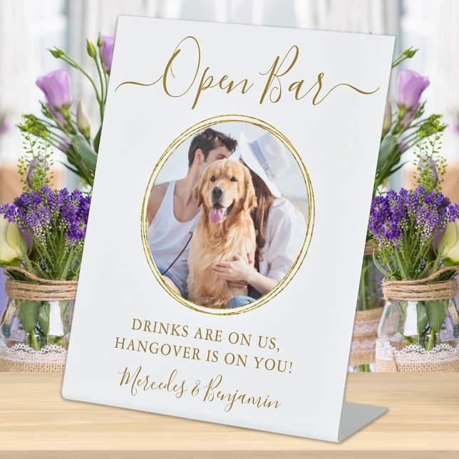 Wedding Open Bar Personalised Gold Pet Dog Drinks  Pedestal Sign (Creator Uploaded)