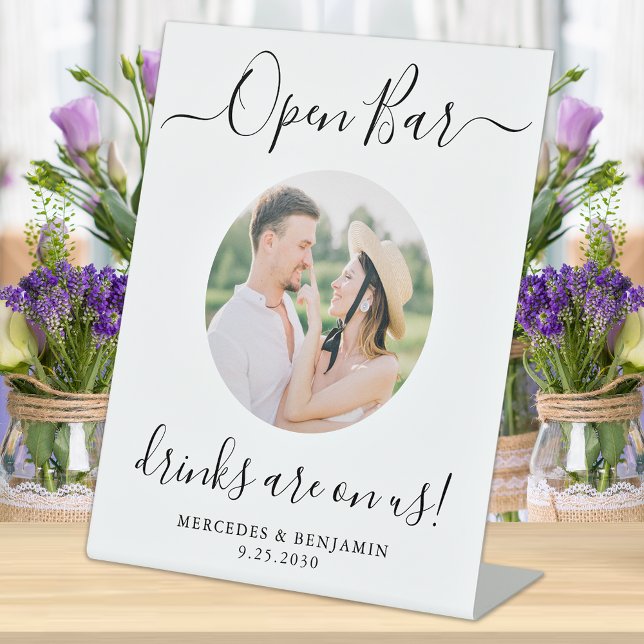 Wedding Open Bar Personalised Modern Photo Pedestal Sign (Creator Uploaded)