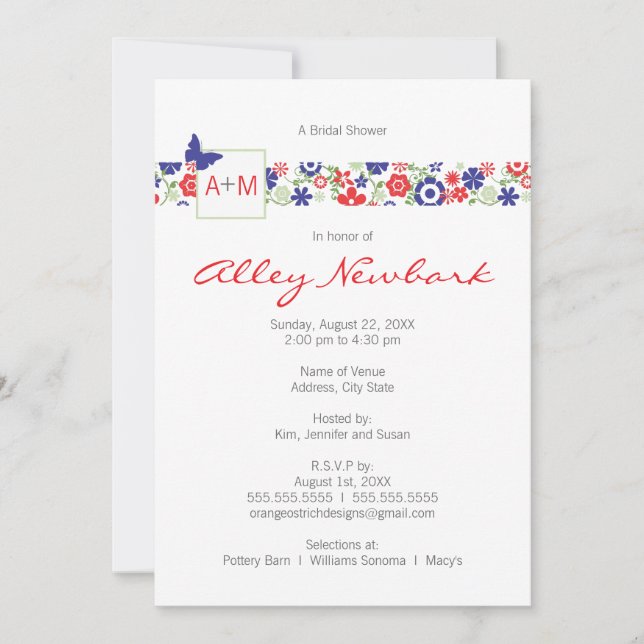 Wedding or Bridal Shower Invitation  |  Red & Navy (Front)