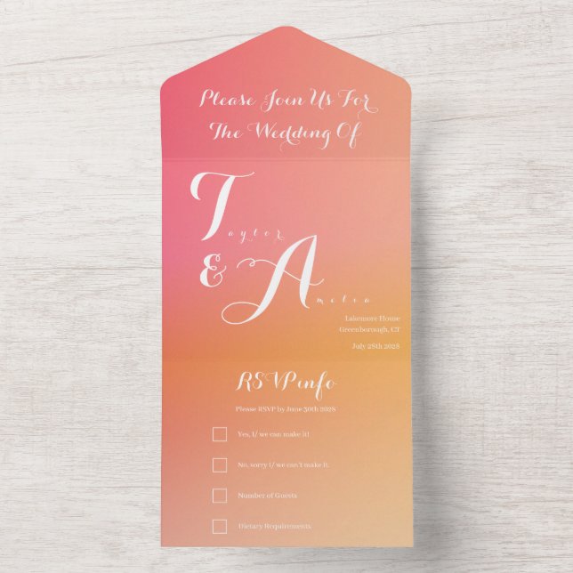 Wedding Orange Peach Ombre Elegant All In One Invitation (Inside)
