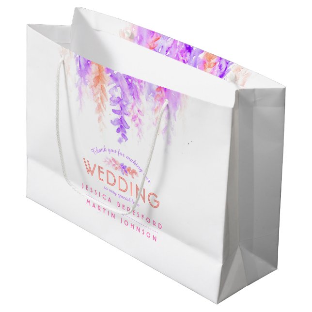 Wedding orange pink purple flowers favour thank yo large gift bag (Front Angled)