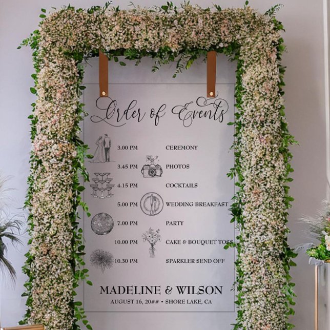 Wedding Order of Events Icons Calligraphy Clear Acrylic Sign (Clear acrylic wedding order of events sign with timeline icons and calligraphy by Darling & May)