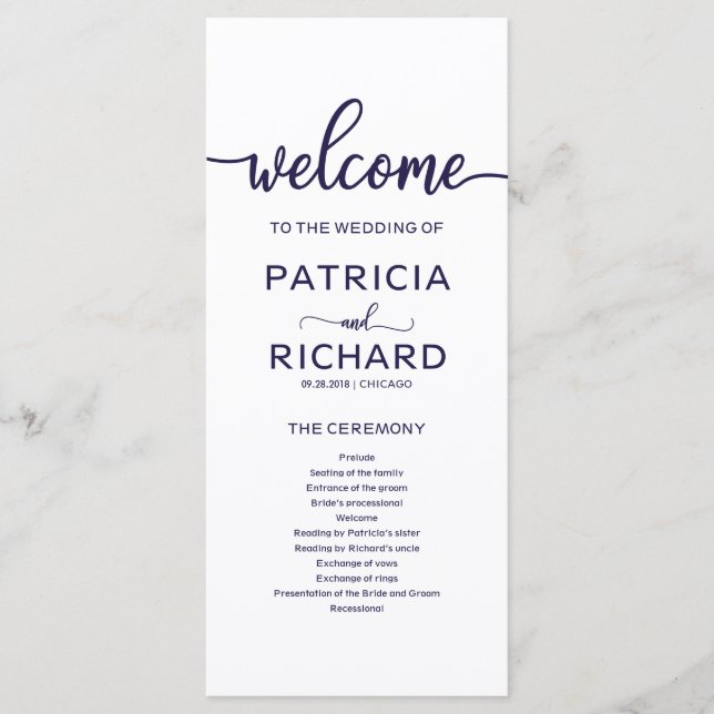 Wedding Order of Service Program Chic Navy Blue Programme (Front)
