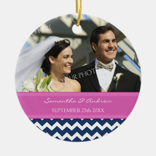 Wedding Ornament Favour Blue Hot Pink Chevron (Front)