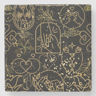 Wedding ornaments pattern in Gold Black BG Stone Coaster