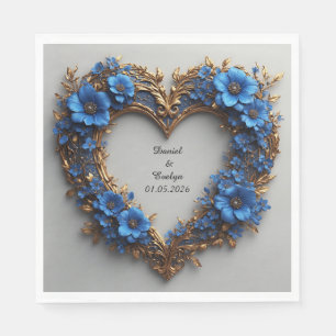 Wedding Ornate Floral Heart Frame Blue Flowers Napkin