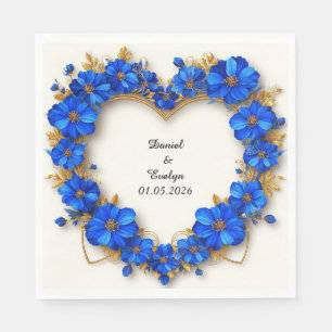 Wedding Ornate Floral Heart Frame Blue Flowers Napkin