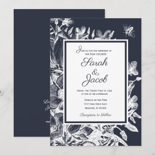 Wedding Ornate Vintage Floral Navy & White Invitation