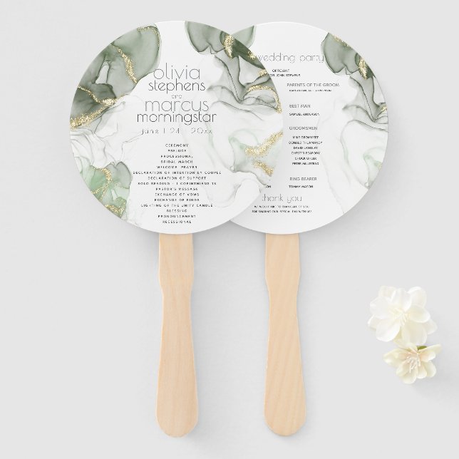 Wedding | Pale Pink Flowers Silver Sage Leaves Han Hand Fan (Front and Back)