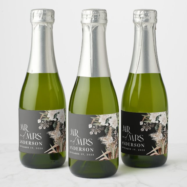 Wedding pampas eucalyptus modern black party favou sparkling wine label (Bottles)