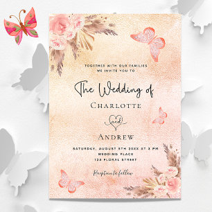 Wedding pampas grass blush rose floral butterfly invitation