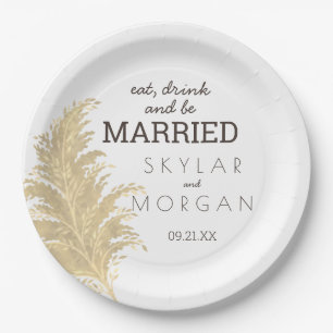 Wedding Pampas Grass Tan On White Boho Rustic Paper Plate