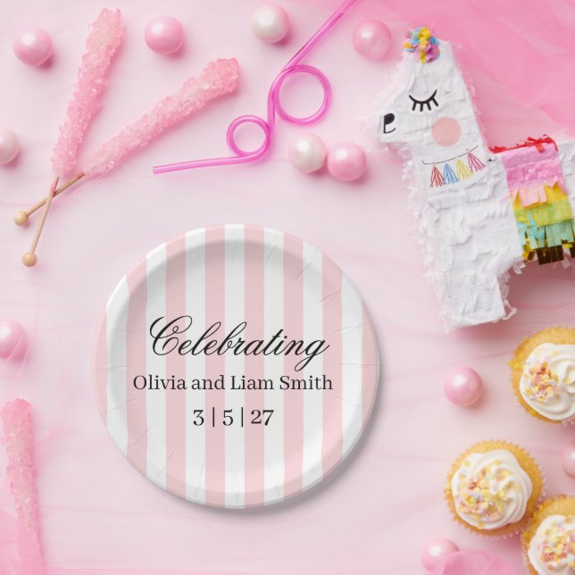 Wedding Paper Plates, Pink & White Stripe  Plate (Party)