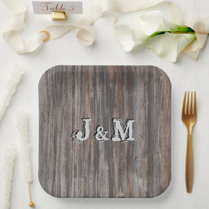 Wedding Paper Plates Wood Look Initials in Centre