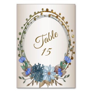 Wedding Party Blue Floral Golden Geometric Vintage Table Number