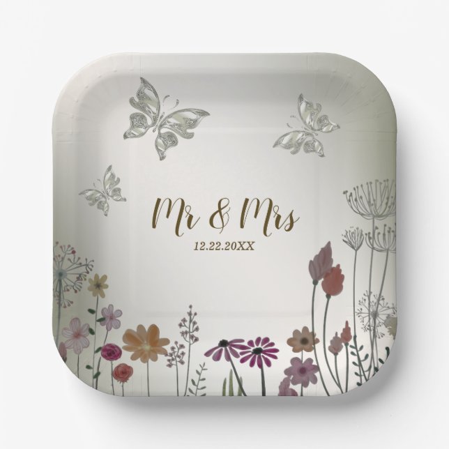 Wedding Party Colourful Garden Flowers Butterflies Paper Plate (Front)