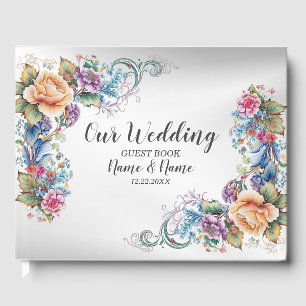 Wedding Party Colourful Pink Flowers Elegant Moder Guest Book
