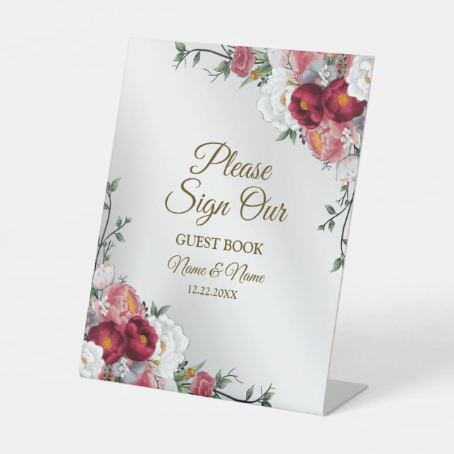 Wedding Party Colourful Red White Floral Silver Pedestal Sign (Front)