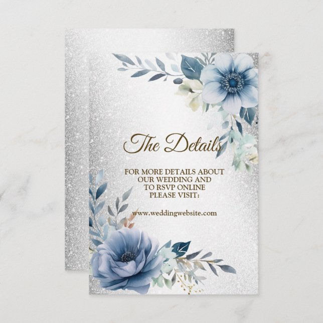 Wedding Party Dusty Blue Watercolor Flowers Silver Enclosure Card (Front/Back)