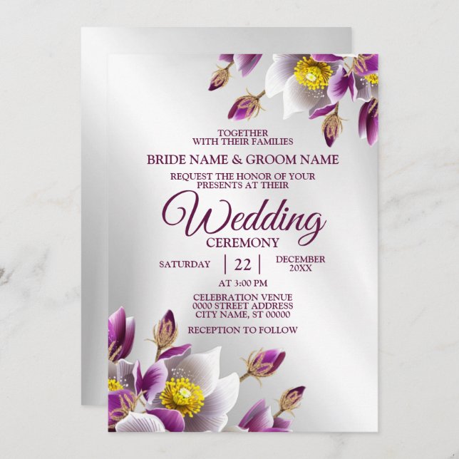 Wedding Party Floral Pink Purple Silver Elegant Invitation (Front/Back)