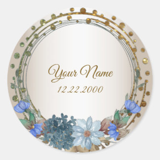 Wedding Party Gift Blue Floral Golden Vintage Classic Round Sticker
