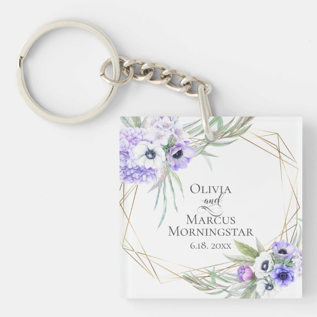 Wedding Party Gift Violet Anemone Floral Bouquet Key Ring (Front)