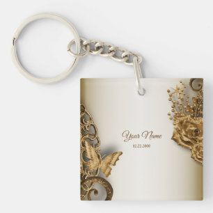 Wedding Party Golden Floral Butterfly Vintage Key Ring