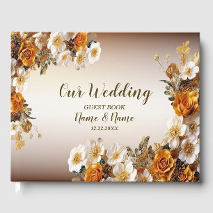 Wedding Party Golden Orange White Flowers Rustic Guest Book