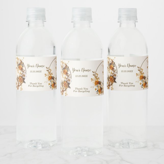 Wedding Party Golden Orange White Flowers Rustic Water Bottle Label (Bottles)