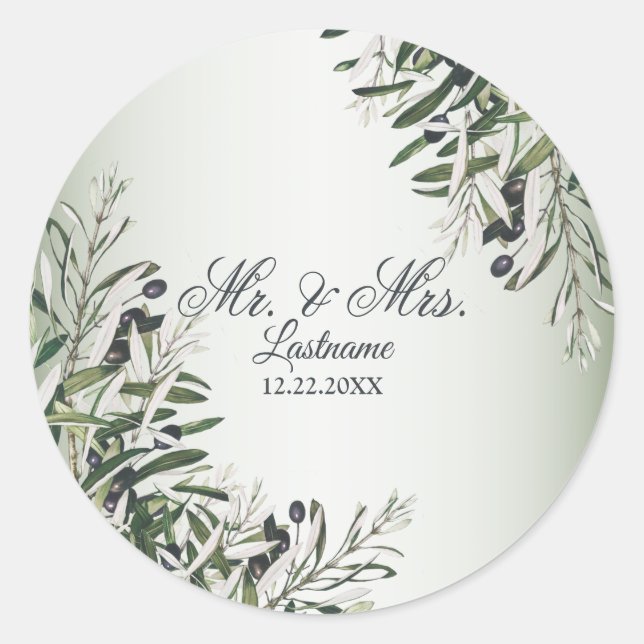 Wedding Party Green Leaves Black Olive Elegant Classic Round Sticker (Front)