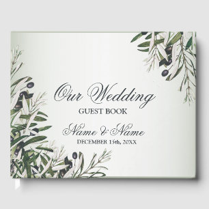 Wedding Party Green Leaves Black Olive Elegant Guest Book