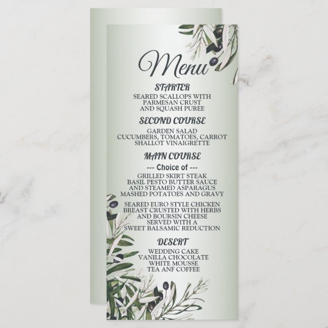 Wedding Party Green Leaves Black Olive Elegant Menu (Front/Back)