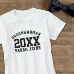 Wedding Party Groomswoman Name Year T-Shirt<br><div class="desc">Suitable for all of your groomswomen or groomsmaids,  add their name and your wedding year. Makes a great bachelor party tee to wear so that everyone will know who she is. Change the text for your Bridesman/ Bridesmaid/Groomsmaid - any member of your wedding party</div>