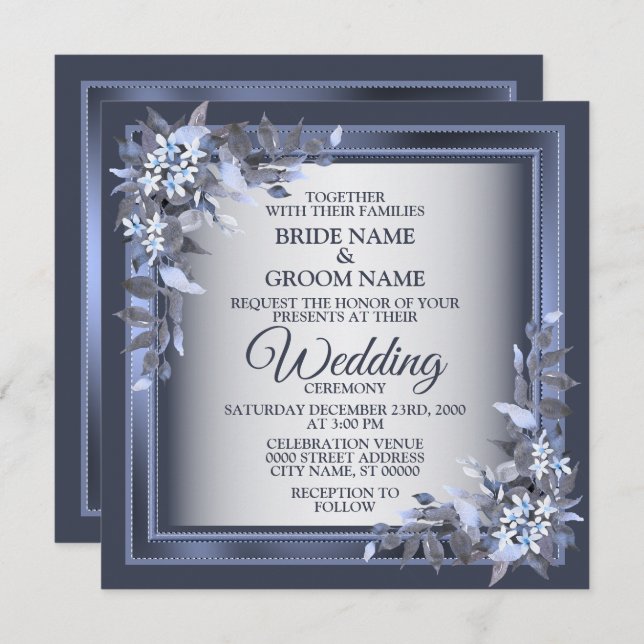 Wedding Party Navy Blue Floral Frame Silver Modern Invitation (Front/Back)