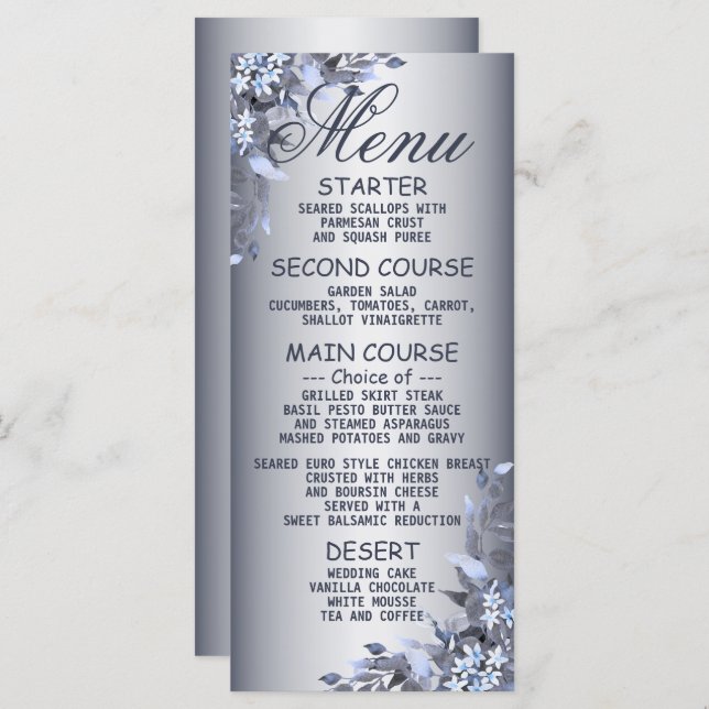 Wedding Party Navy Blue Floral Silver Dinner Menu (Front/Back)