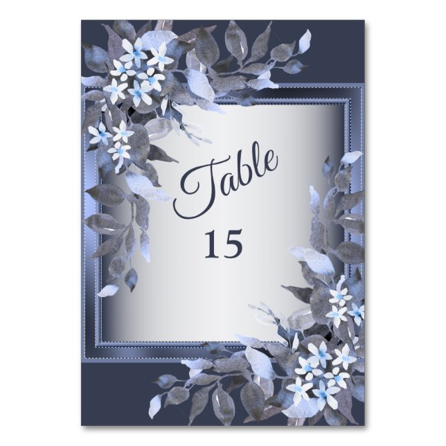 Wedding Party Navy Blue Floral Silver Grey Table Number (Front)