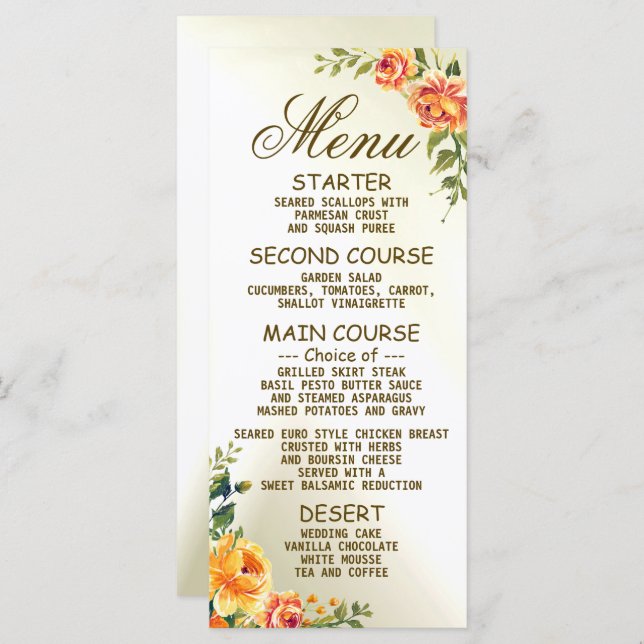 Wedding Party Orange Yellow Red Floral Greenery Menu (Front/Back)
