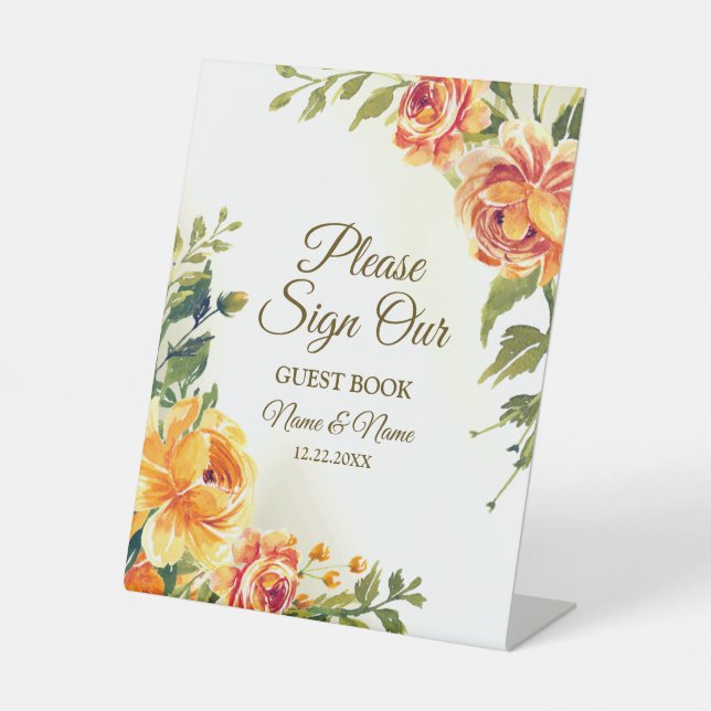 Wedding Party Orange Yellow Red Floral Greenery Pedestal Sign (Front)