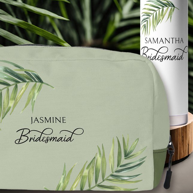 Wedding Party Palm Leaf Any Colour Bridesmaid Dopp Kit (Bridesmaid toiletry bag with palm leaf and calligraphy - edit to any color)