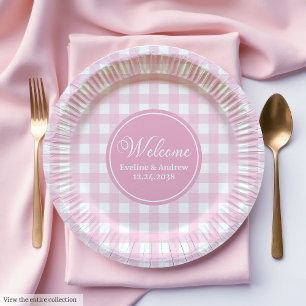 Wedding Party Paper Plates Pink Plaid Monogram Sty