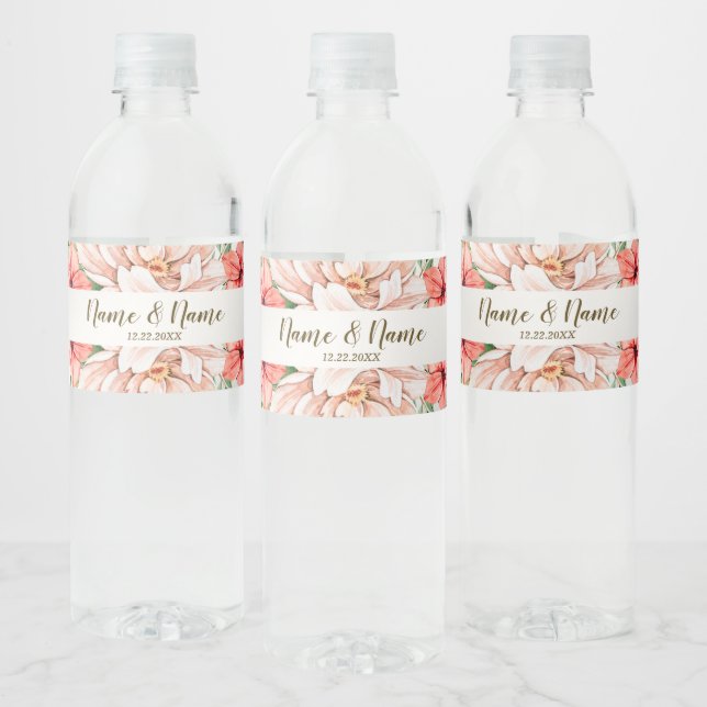 Wedding Party Peach Orange Floral Leaves Rustic Water Bottle Label (Bottles)