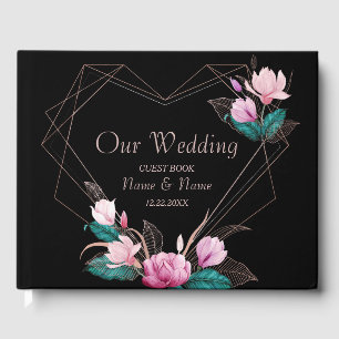 Wedding Party Pink Floral Geometric Frame Black Guest Book